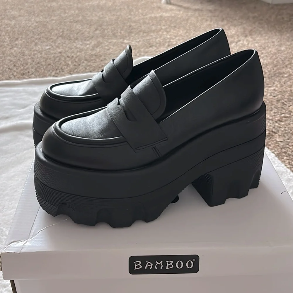Black Platform Loafer Women's Shoes - Chunky Sole